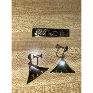 Vintage Chinese Inlay Screwback Earrings, Tie Clip Matching